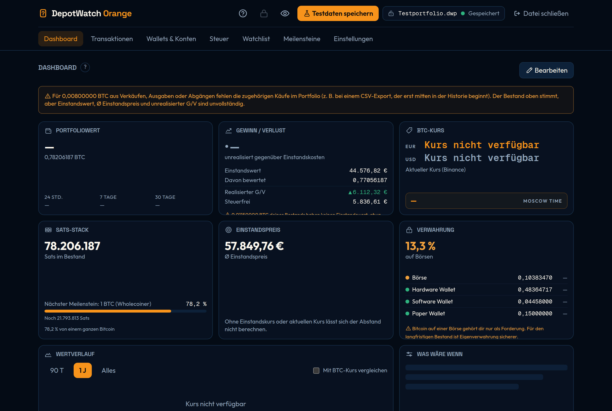 Das Dashboard mit Kacheln für Portfoliowert, Gewinn und Verlust, BTC-Kurs, Sats-Stack, Einstandspreis und Verwahrung